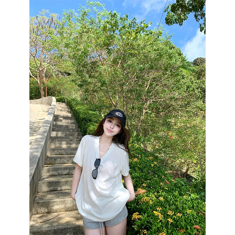 FuunJ 零感神T 基础慵懒宽松V领短袖T恤女松弛感简约百搭内搭上衣