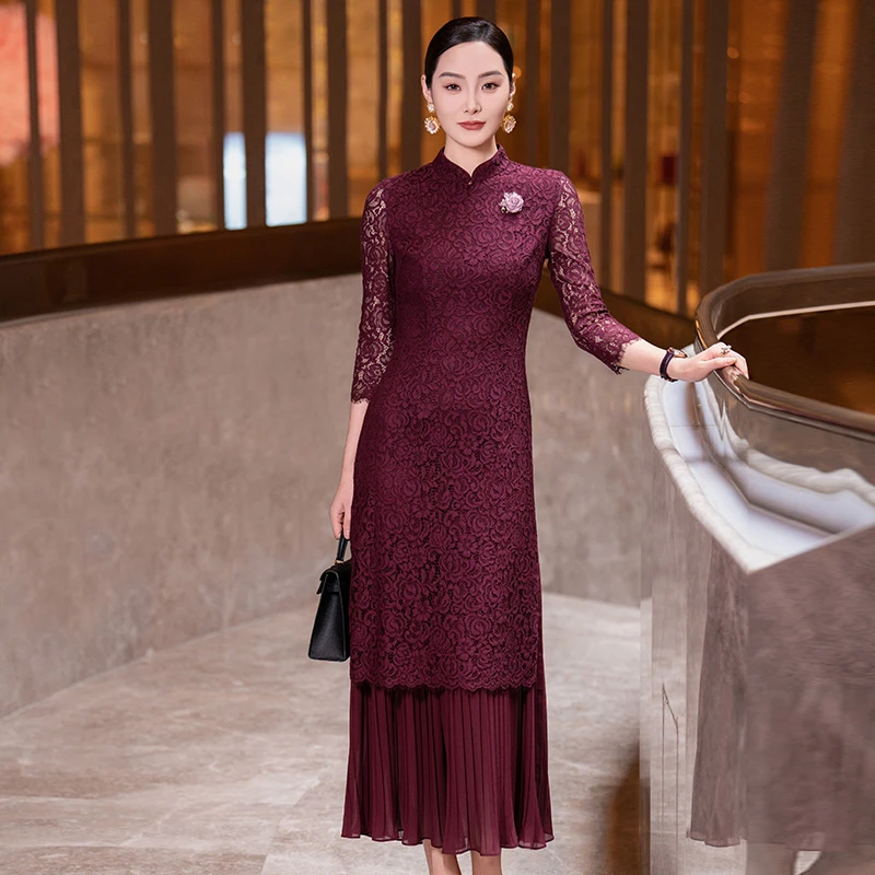 雅韵矜秀-2025秋季新款立领改良旗袍拼接压褶连衣裙