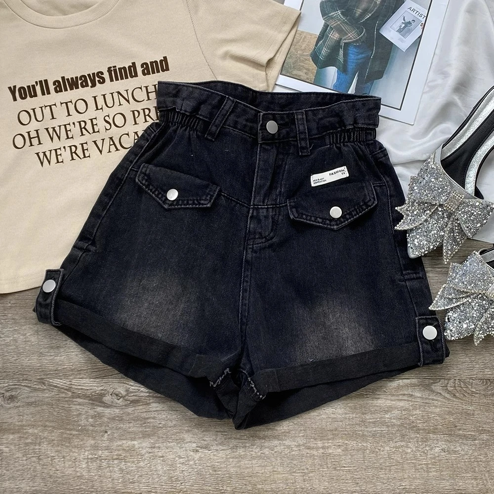 大码黑色翻边牛仔短裤女夏季2025年新款高腰显瘦宽松a字阔腿热裤