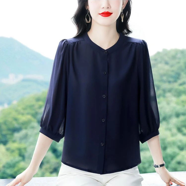 新款减龄纯色雪纺衬衫女夏杭州七分袖工厂直销气质洋气小衫衬衫