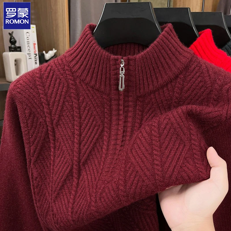 Romon/罗蒙秋冬新款男士长袖针织衫加厚半拉链立领保暖打底衫毛衣