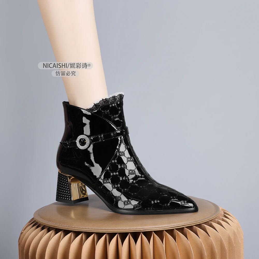 2024年新款欧美黑色低跟显瘦裸靴时尚百搭侧拉链加绒保暖短靴0511