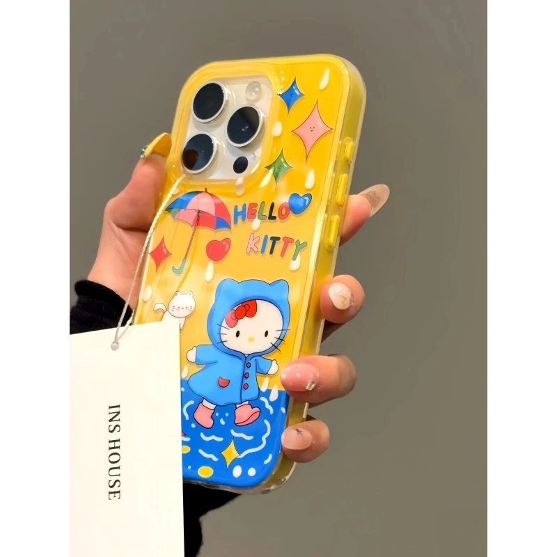 卡通黄蓝拼接雨衣可爱猫咪适用iphone16promax苹果15pro手机壳14p