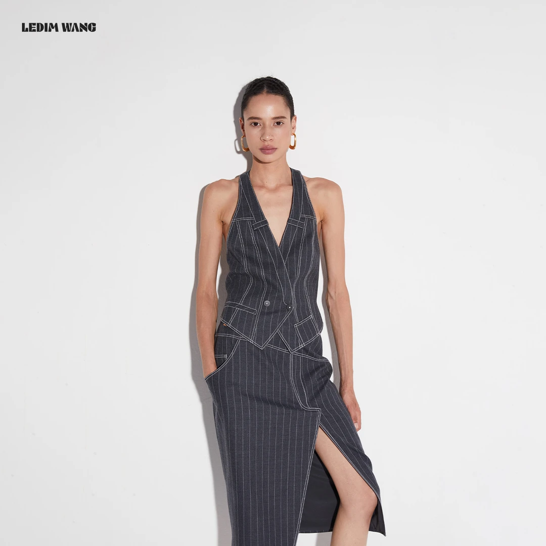 LEDIM WANG非对称宣言条纹马甲