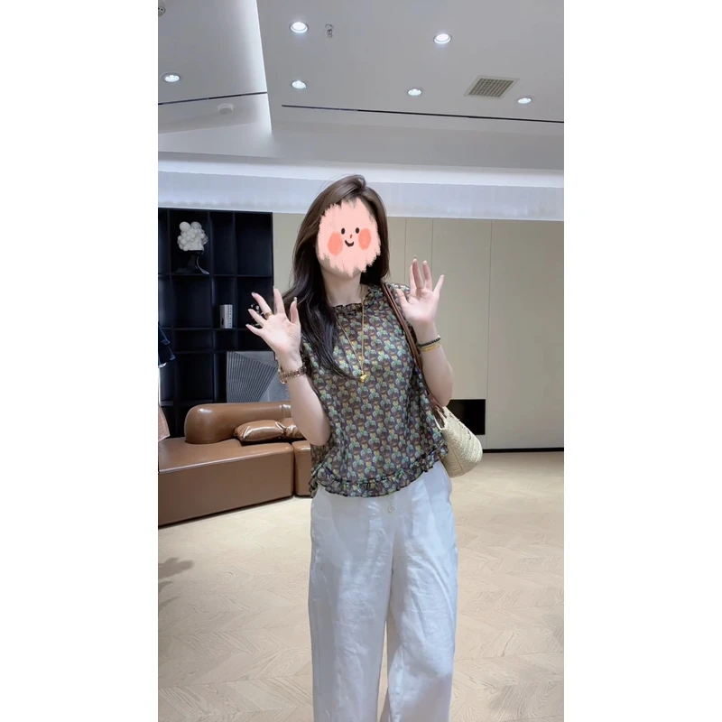 韩系洋气碎花复古拼接无袖衬衫上衣+百搭凉快直筒裤两件套2025夏