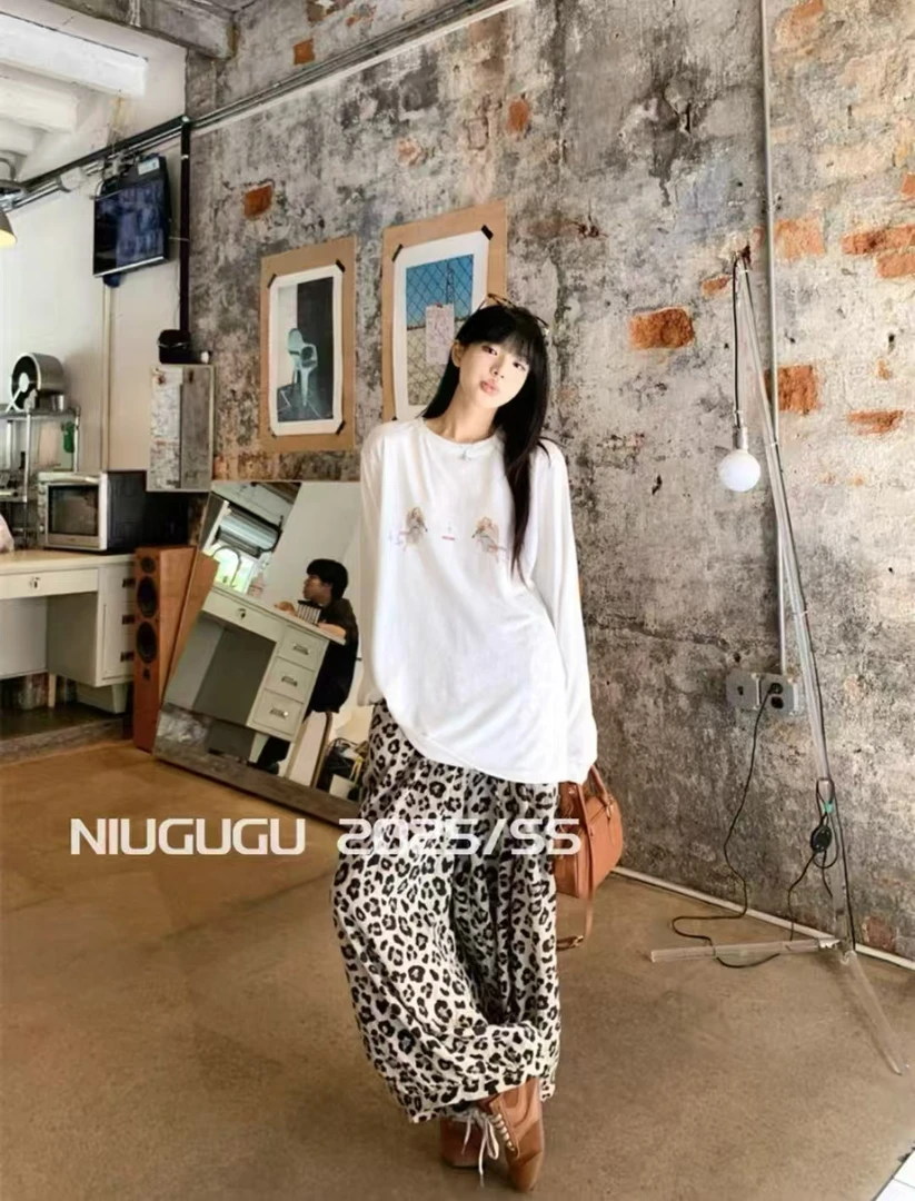 夏季新款复古老钱风防晒薄T恤上衣时尚豹纹九分裤宽松套装