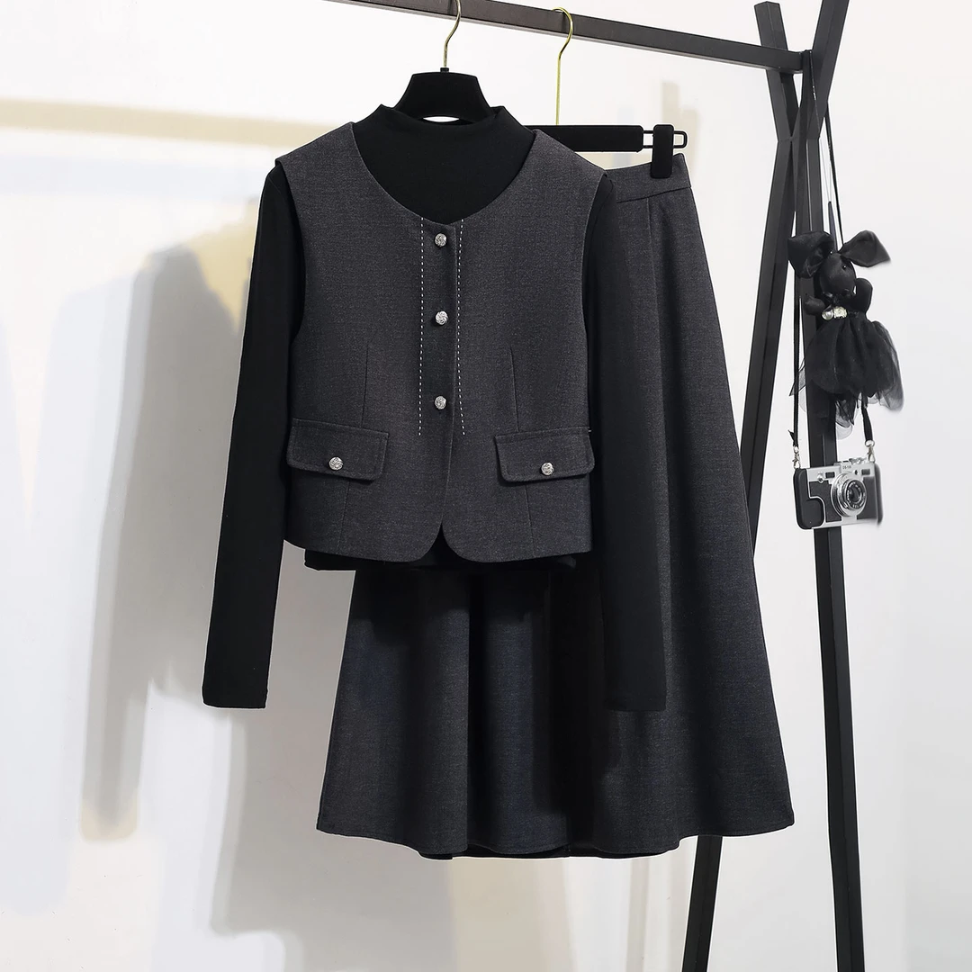 拉夏贝尔马甲连衣裙女2025早秋冬季小香风小个子配三件套装裙子