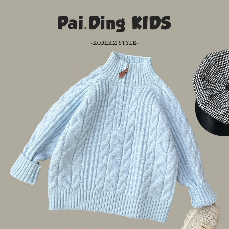 阿卷秋冬装儿童韩版时尚绞花纹理半拉链套头立领针织毛衣HCXZ3837