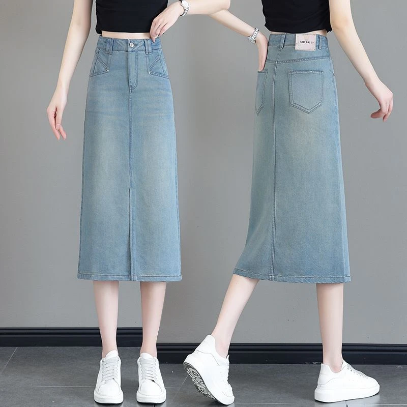 时尚开叉牛仔半身裙女薄款春夏季新款中长款a字直筒包臀一步裙子