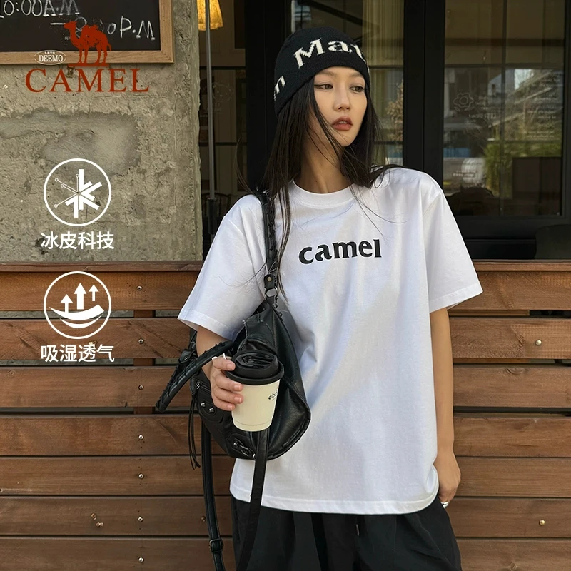 骆驼夏日T恤女冰感复古潮牌原创圆领休闲宽松白色上衣运动短袖男