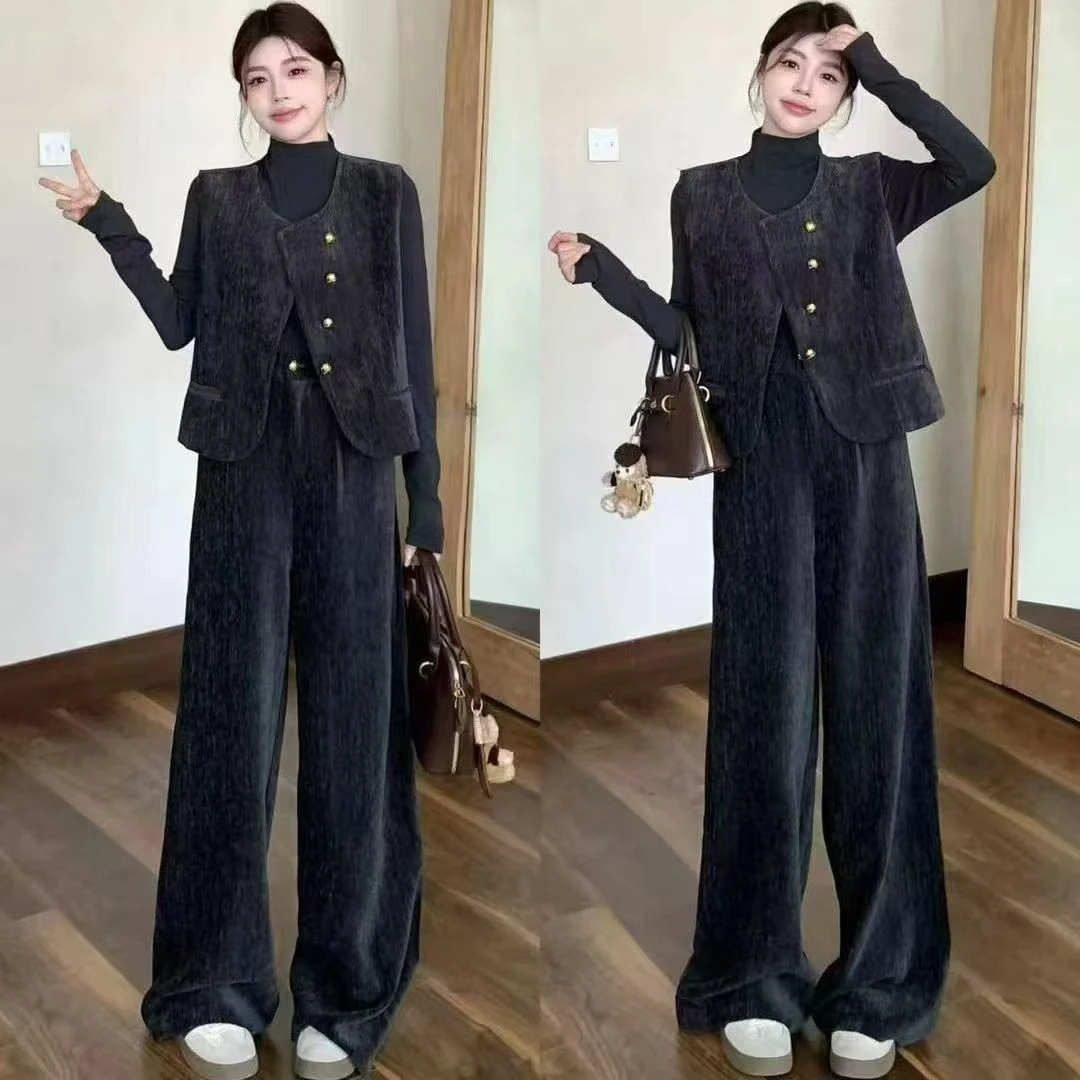 轻熟风简约通勤灰色马甲阔腿裤套装春秋新款复古老钱风