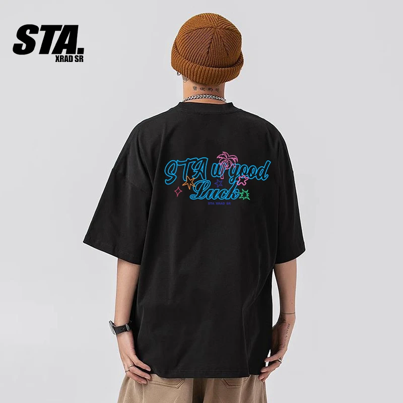 STA.美式短袖T恤夏季男款国潮牌爆款2025新款纯棉黑色宽松情侣ins