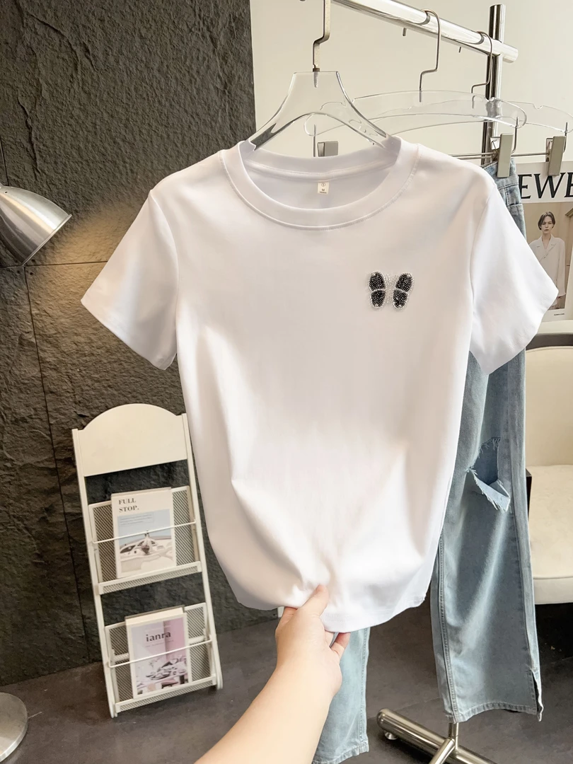 夏季新款镶钻常规款钉珠蝴蝶短袖T恤时尚刺绣潮流ins夏装百搭修身