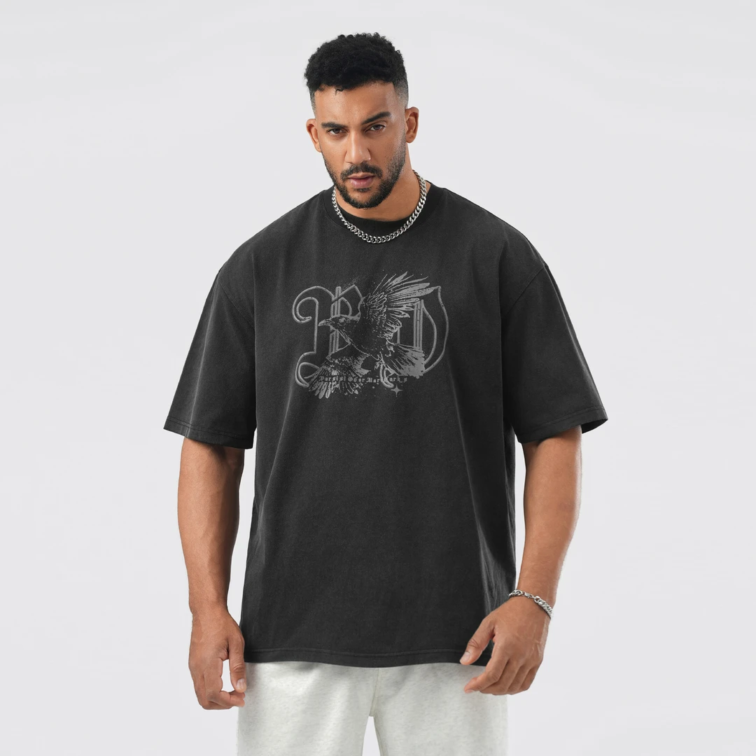 bdpowerup夏季黑色复古美式短袖时尚印花纯棉运动t恤男宽松