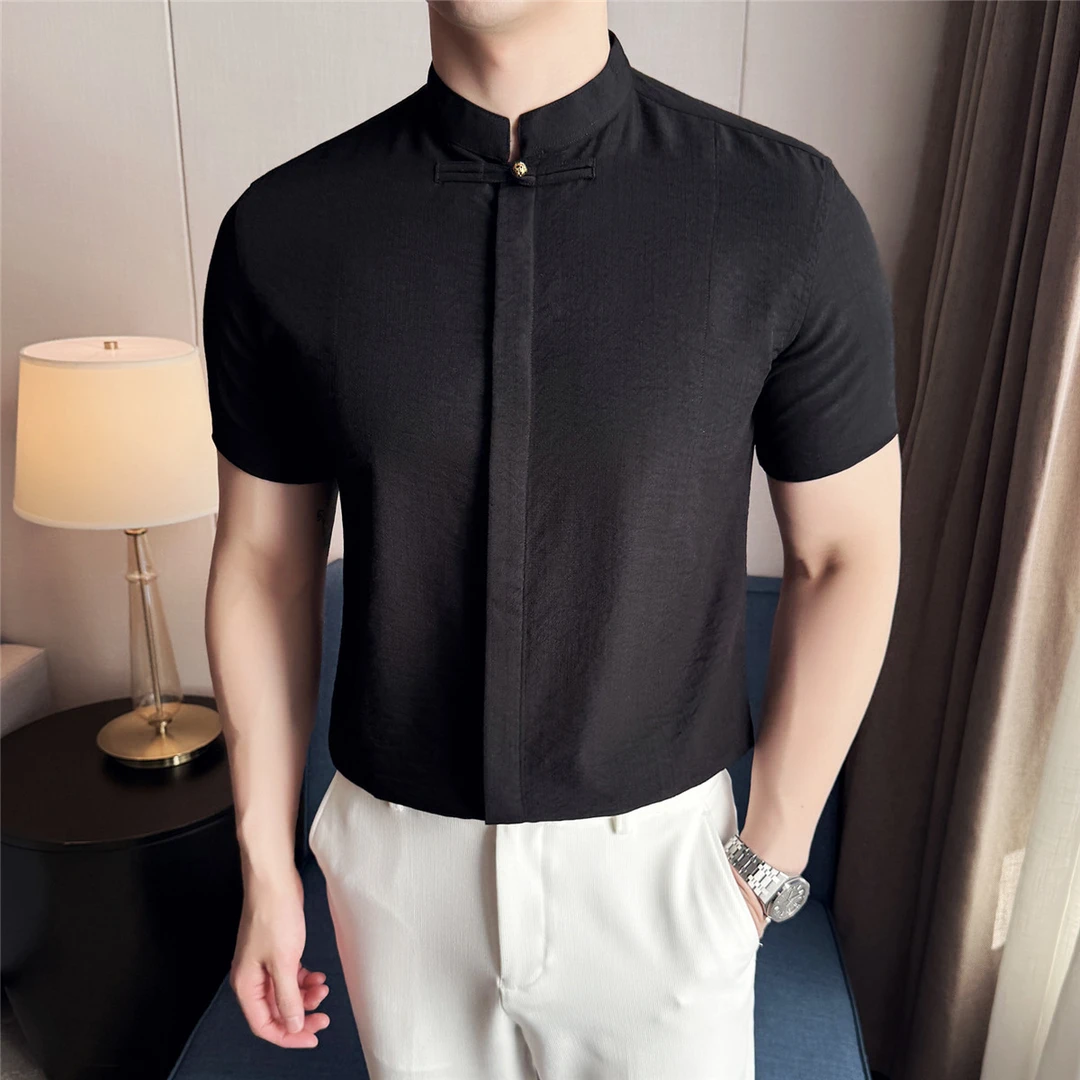 男士商务设计感立领白色衬衫新中式复古中国风休闲衬衣男装短袖