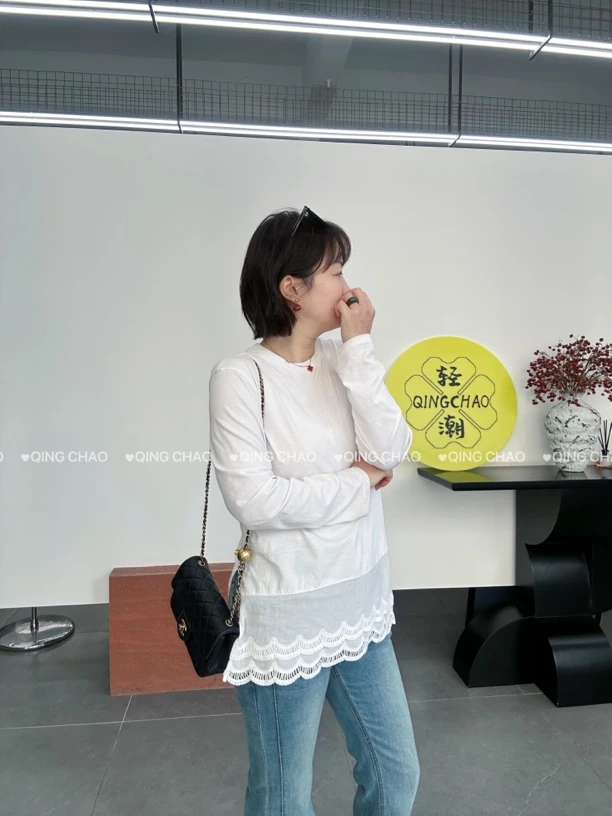 圆领拼接蕾丝刺绣T恤慵懒水洗大T百搭宽松秋季针织春季春秋