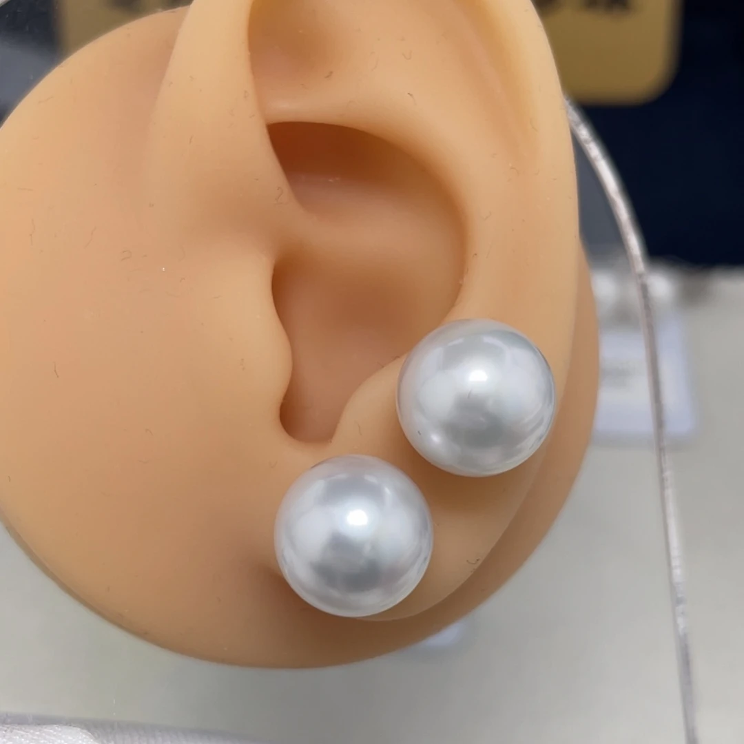 银S925镶嵌海水珍珠澳白素钉12-13