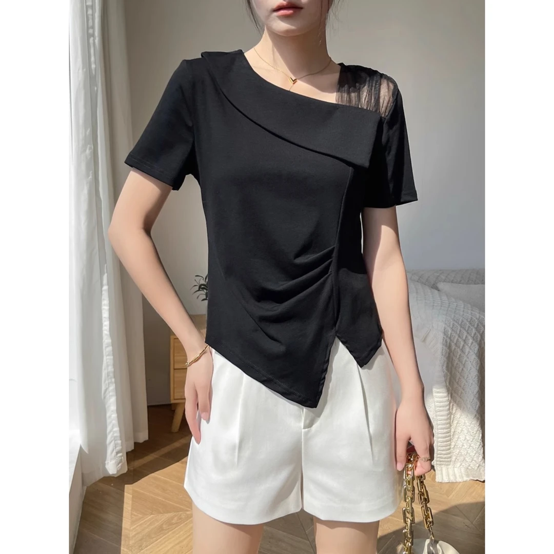 女士短袖t恤夏装斜肩不规则开叉黑色打底衫内搭网纱拼接正肩上衣