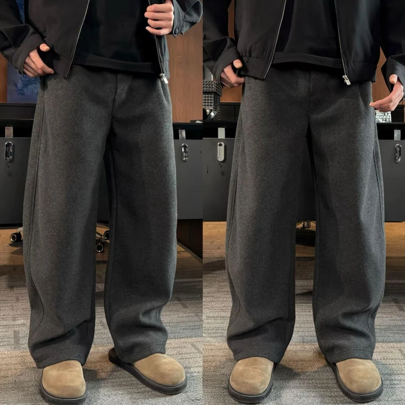 冬季新款绵羊毛加绒直筒休闲裤男高档磨毛纯色软糯保暖阔腿弯刀裤