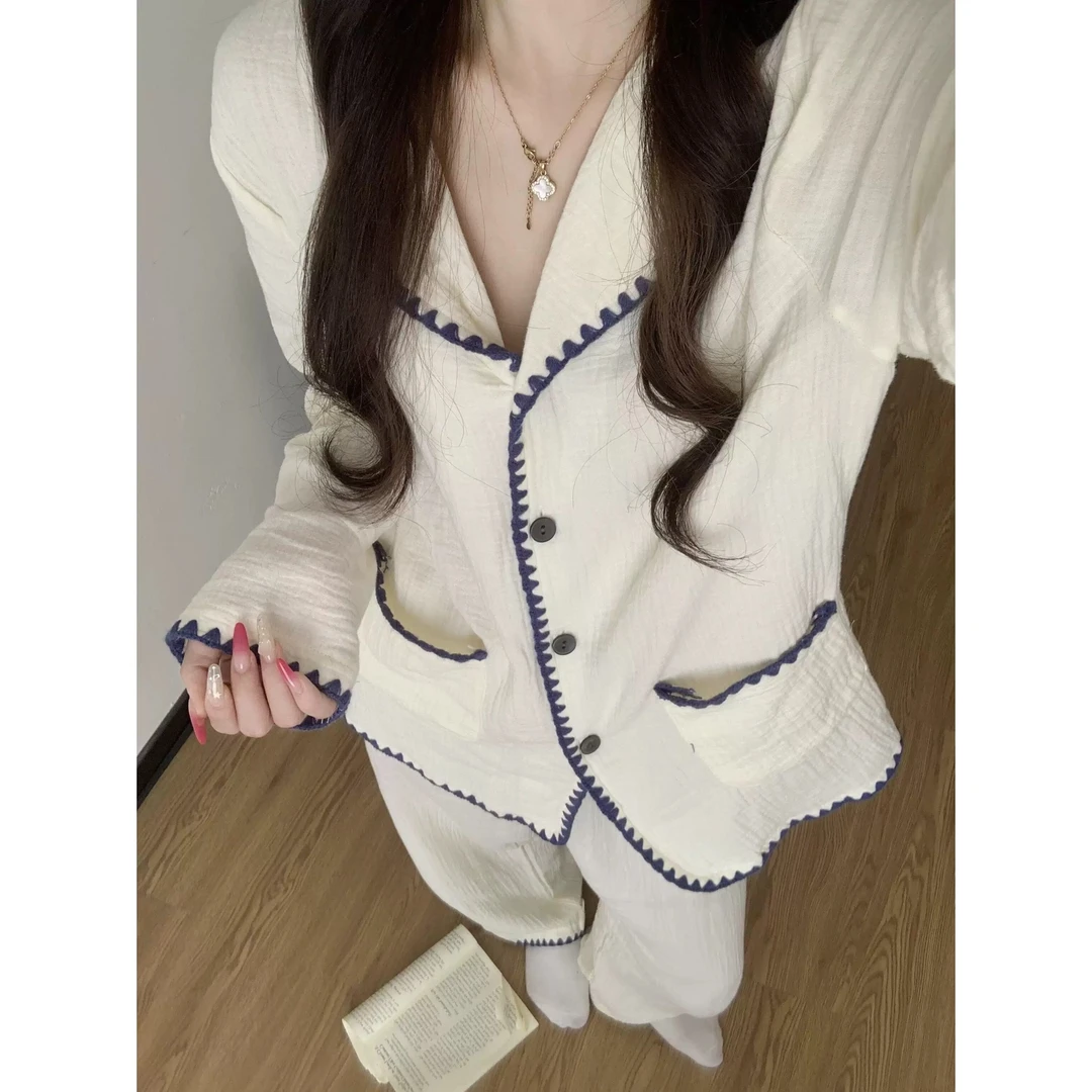 【极简纯色】慵懒风长袖棉纱睡衣女春夏新款大码显瘦长裤套装家居服