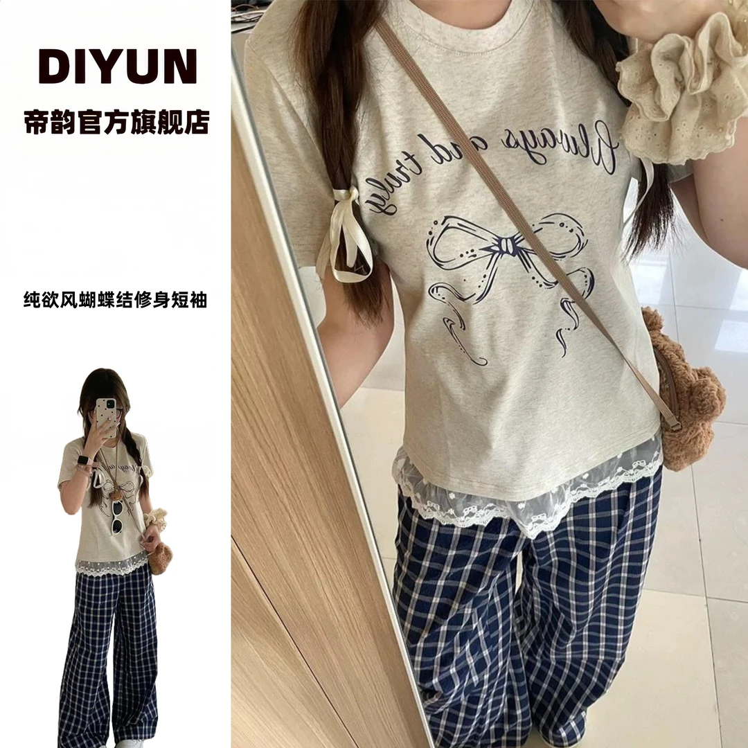 薄款时尚百搭短款短袖蝴蝶结洋气拼接圆领修身上衣纯欲风蕾丝T恤