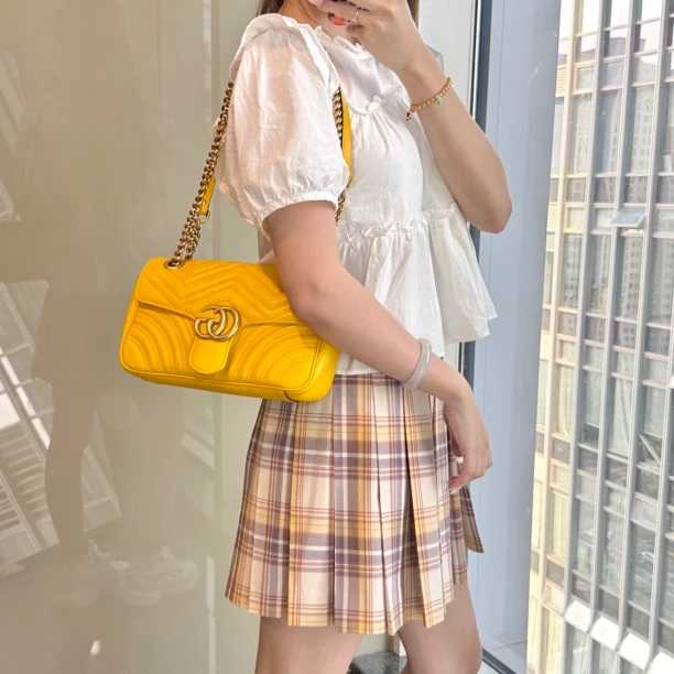 95新 GUCCI/古驰 26马蒙黄色单肩包/0724