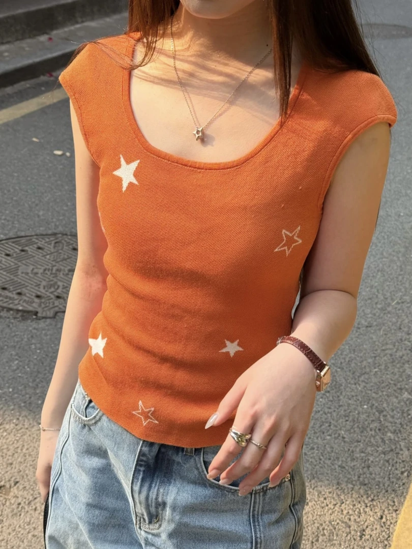 京元珍一一夏日汽水！新款五角星U型领设计款针织短袖修身无袖