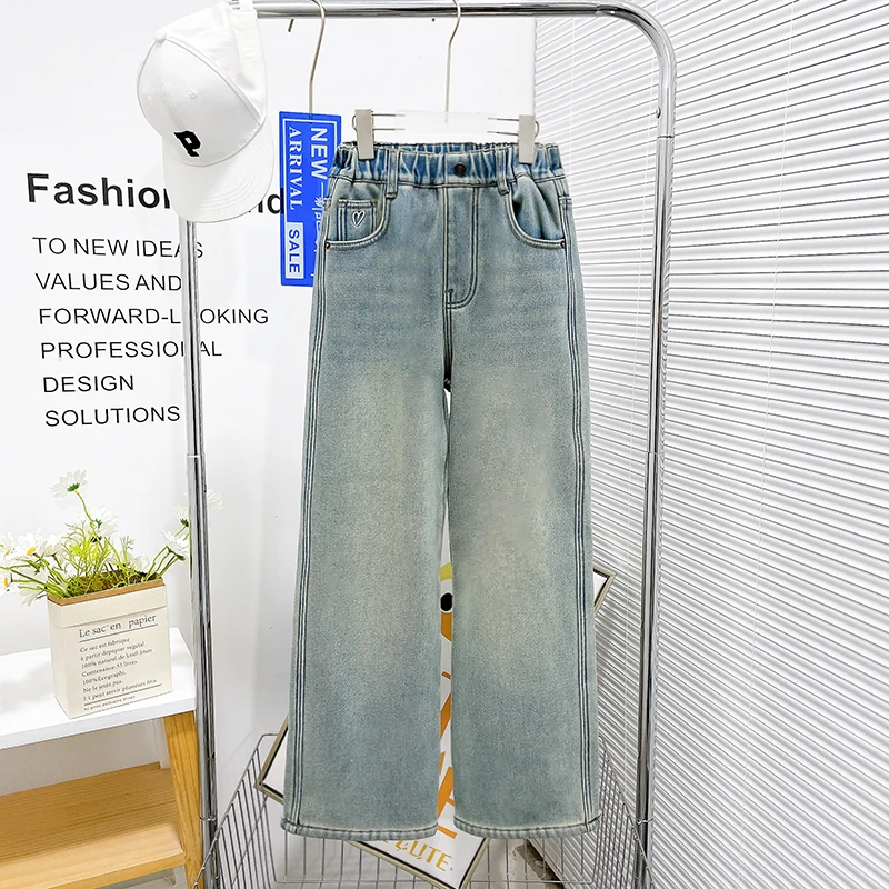 冬季新款女童加绒爱心牛仔裤阔腿宽松保暖百搭潮童zb5012简约童品