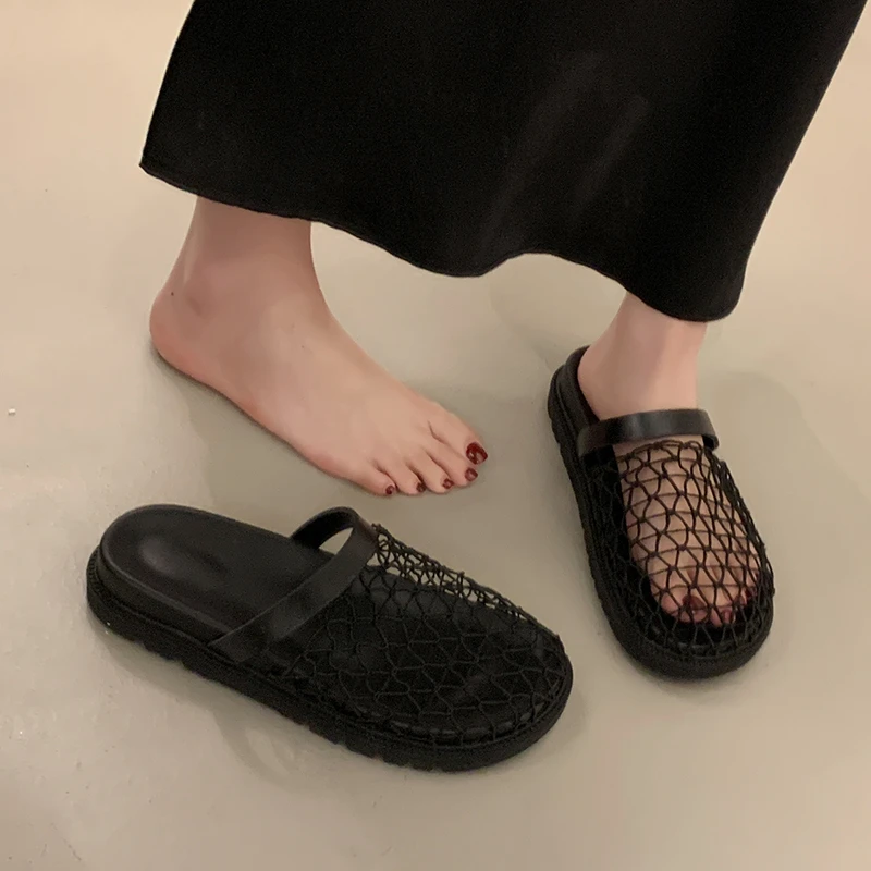 小众编织镂空网纱凉拖女2025新款时尚平底透气包头半拖鞋女夏外穿