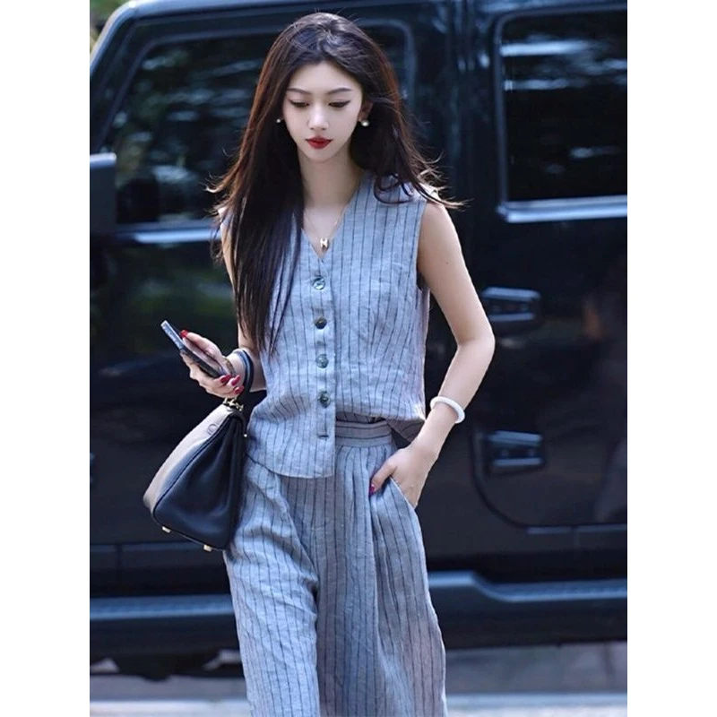 夏装搭配一整套小香风名媛气质女神范高端蓝色条纹上衣裤子套装女