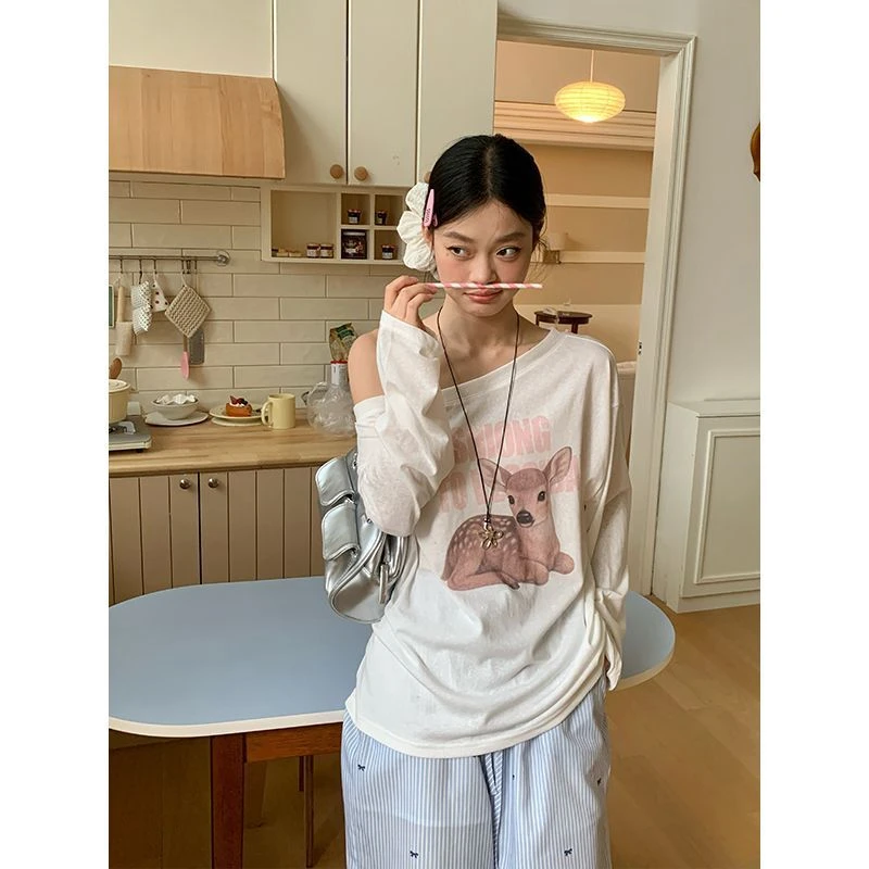 【ZHAP】斜肩雪花棉防晒罩衫女夏季长袖t恤白色可爱小鹿印花宽松