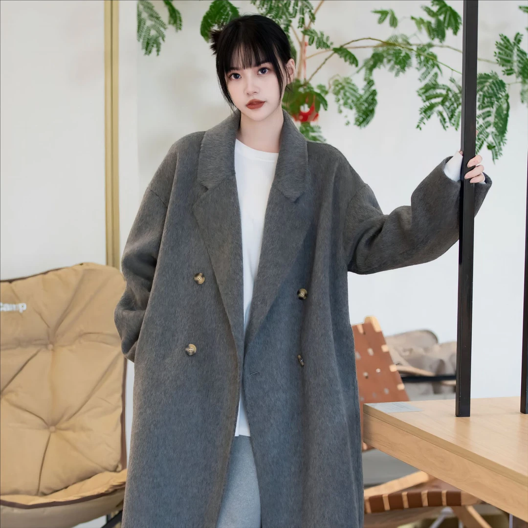 韩系休闲长毛双面羊绒大衣毛呢外套茧型慵懒风澳洲羊毛大衣女ki