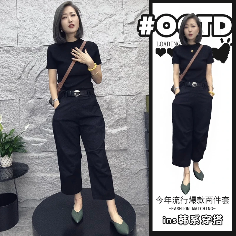 港风显瘦套装穿搭2025夏季高级感别致小众黑色显瘦上衣韩系运动裤