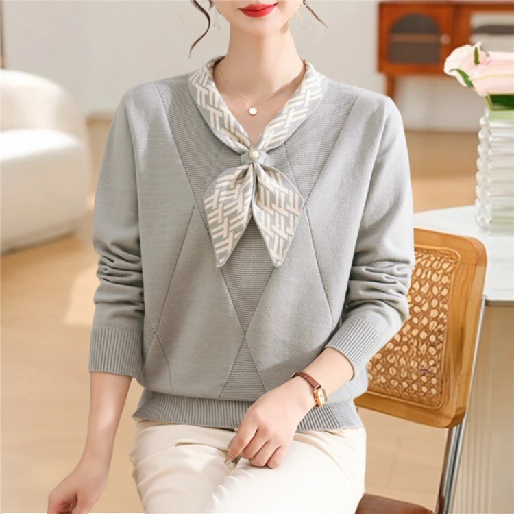 中老年女性春秋季减龄蝴蝶结长袖针织打底衫气质妈妈装9513