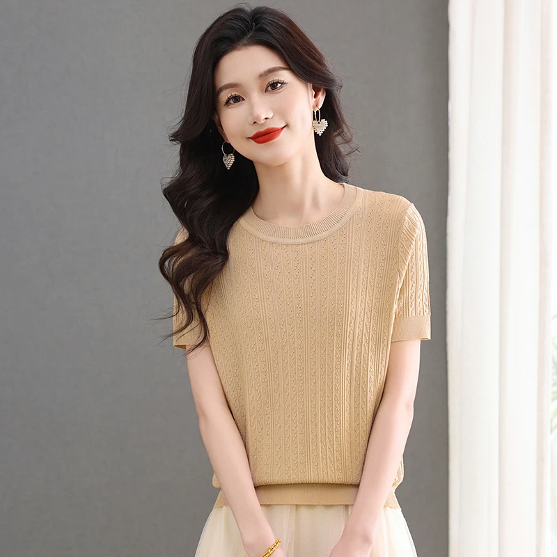 夏季100%天丝女士圆领宽松显瘦套头百搭减龄短款时尚短袖针织衫