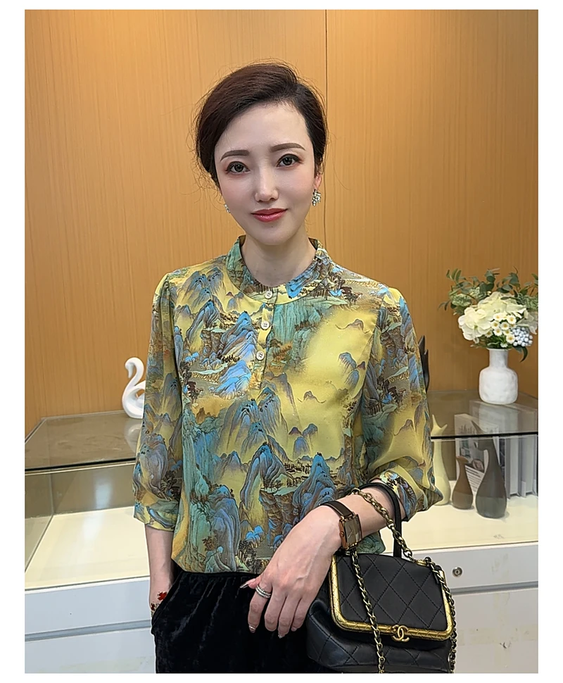 【万里山河】时尚妈妈装新款时尚提花洋气小衫宽松夏季中袖衬衫