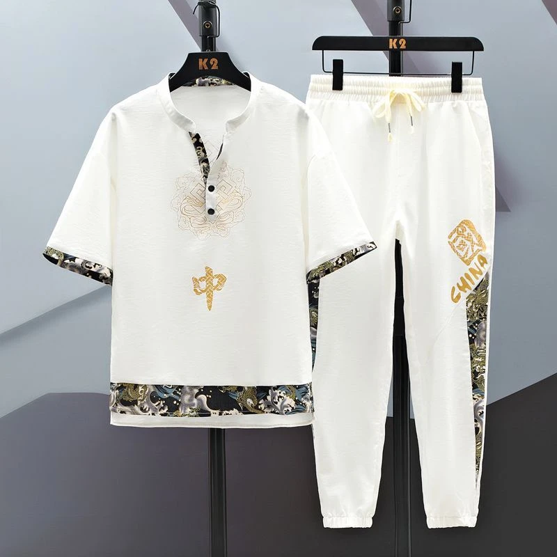 新中式套装男生新款短袖上衣显瘦运动裤子国潮唐装民族风两件套男