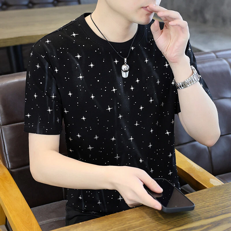 夏季新款男士满天星短袖T恤圆领薄款透气个性时尚潮流夏天半袖