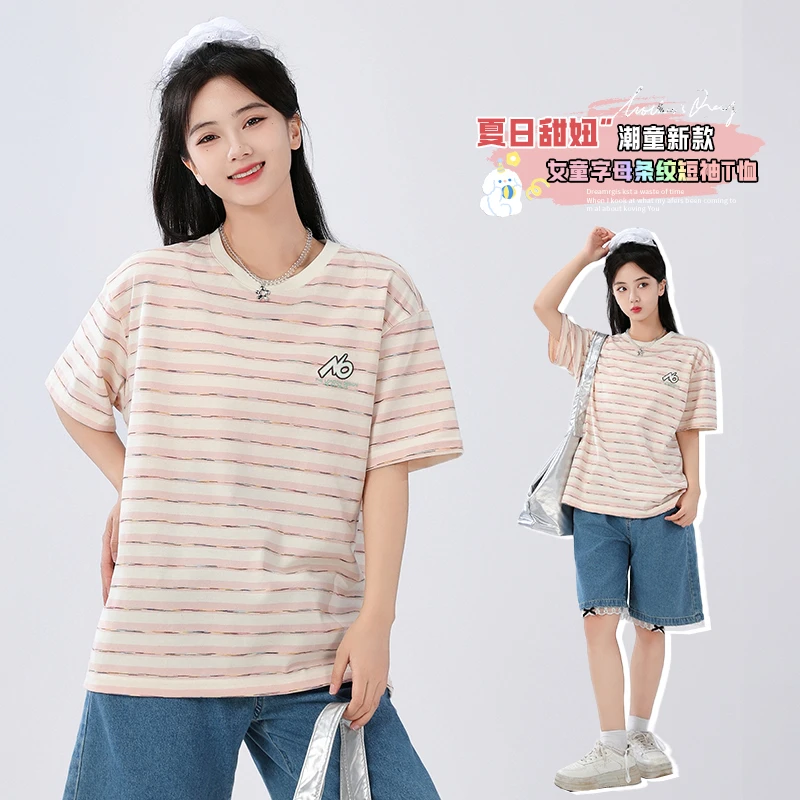 胖女童短袖t恤夏装中大童宽松加肥加大码条纹半袖学生装棉上衣