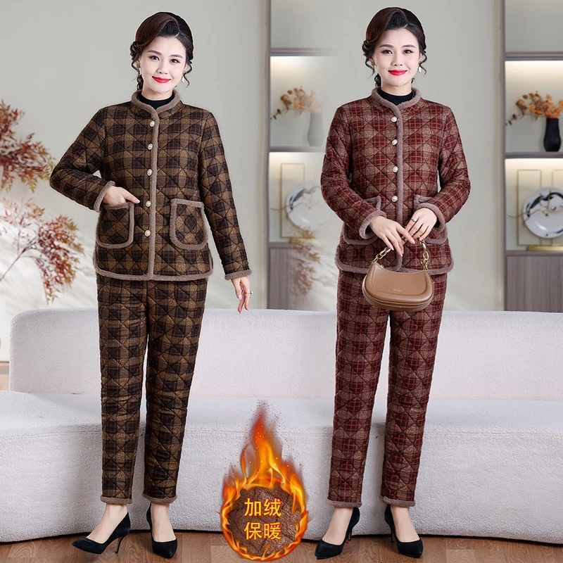 套装2025冬季新款加绒加厚居家外穿洋气时尚显瘦保暖格子妈妈装