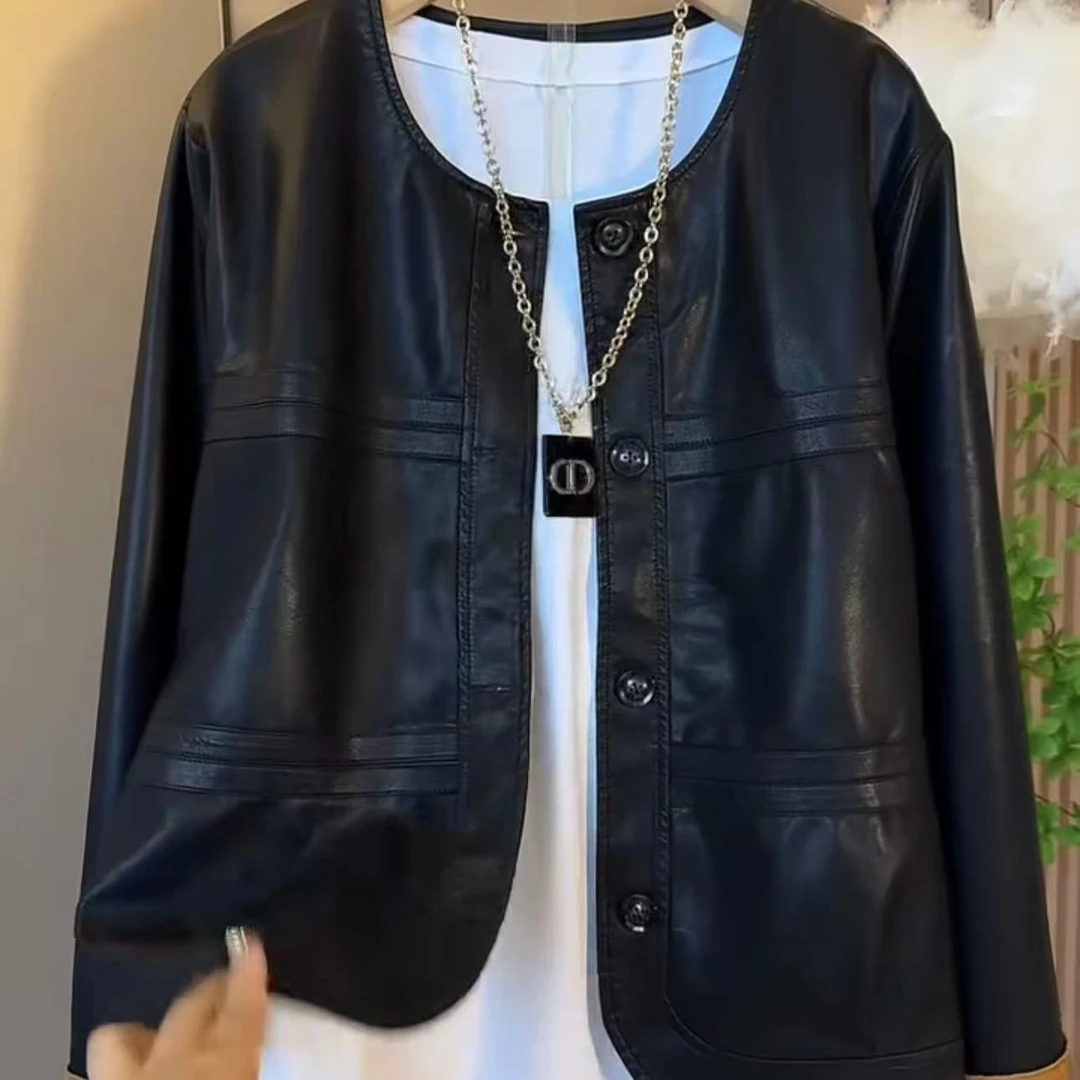 胖胖家*2525新款百搭显瘦挽袖皮衣外套