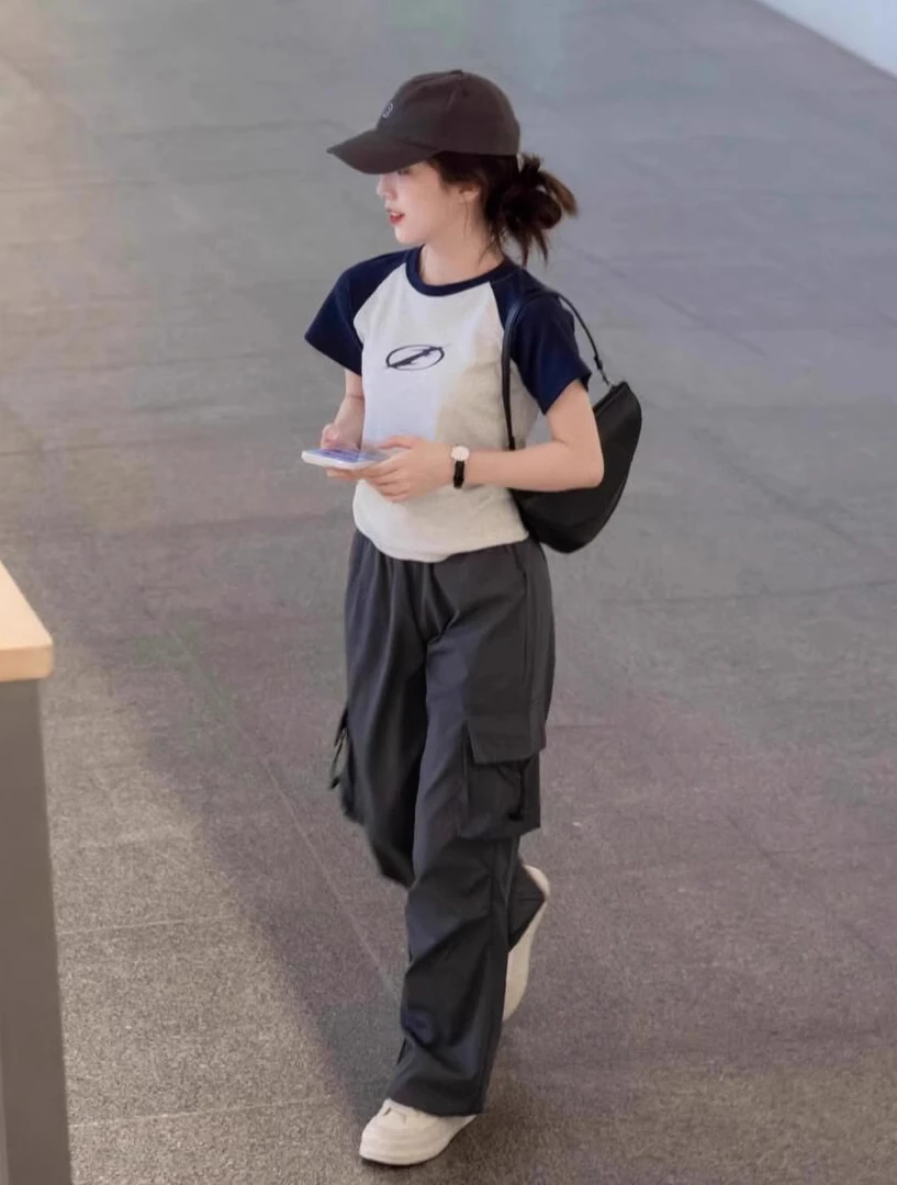 夏装搭配一整套时尚美式复古插肩袖t恤上衣女工装阔腿裤两件套装
