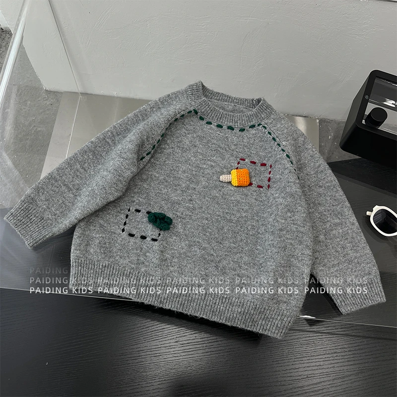 【现货】冬装儿童韩版时尚洋气撞色虚线立体玩偶休闲保暖毛衣SJ7008