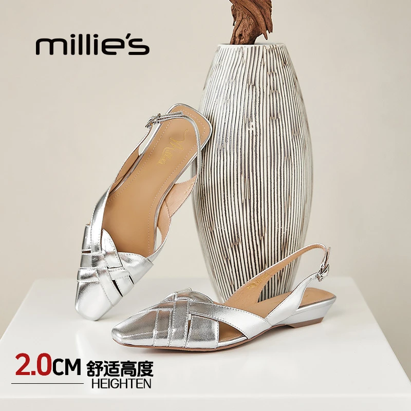 妙丽真皮女士粗跟包头凉鞋2025新款秋季外出配裙子百搭浅口单鞋女