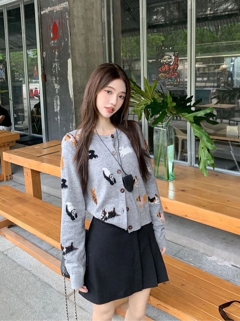 【娃娃专属】设计感时尚可爱小狗提花撞色长袖针织衫女宽松百搭上衣