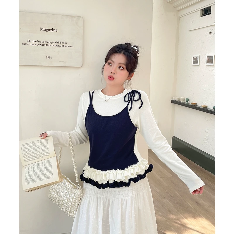 春季新款设计感木耳边绝美巨显瘦上衣大码胖mm假两件法式长袖t恤