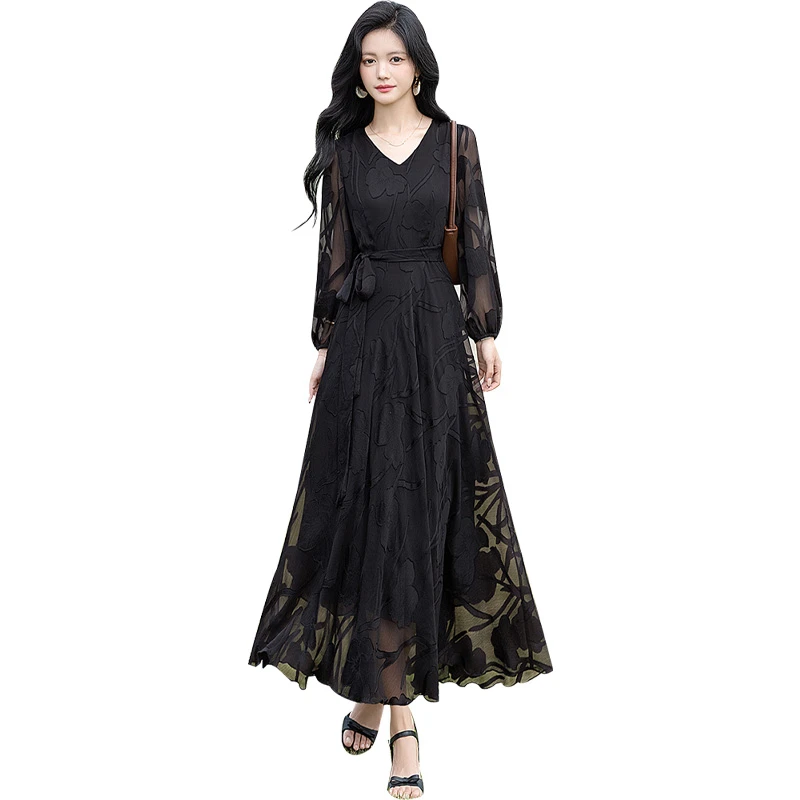 丝柏舍2025春装新款女装A字系带收腰长款V领气质连衣裙S51B0384L