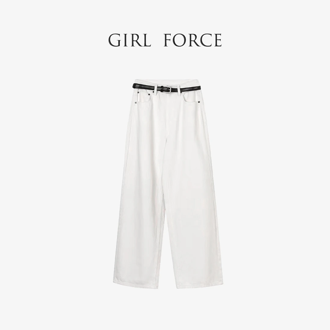 【四季】白色春季高腰直筒裤宽松遮跨显廋全棉牛仔垂感长裤极简时尚