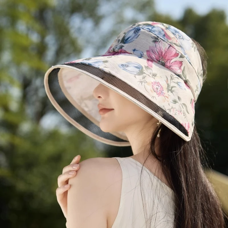 花朵大帽檐遮阳帽轻薄透气夏季女防晒帽子渔夫太阳帽扎马尾空顶帽