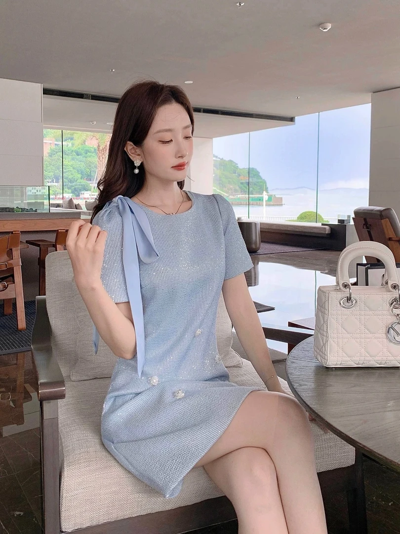 法式气质名媛连衣裙2025年夏季新款端庄大气小香欧若风蝴蝶结短裙